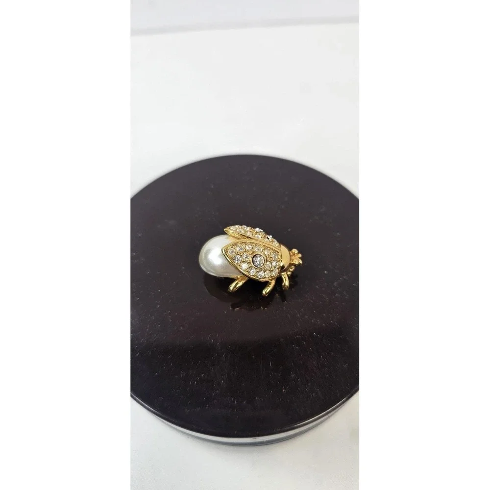 Napier Brooch Pin Ladybug Insect‎ Clear Glass Rhinestones Faux Pearl Body Mini